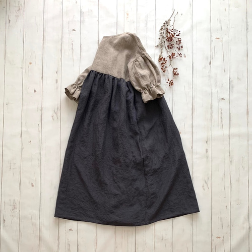 ハンドメイド　森のおさんぽ七分袖 ワンピース 森のおさんぽワンピース 七分袖 *beige×charcoal gray ※受注制作