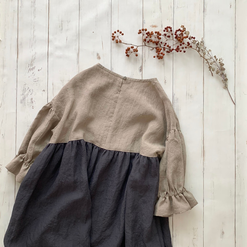 ハンドメイド　森のおさんぽ七分袖 ワンピース 森のおさんぽワンピース 七分袖 *beige×charcoal gray ※受注制作