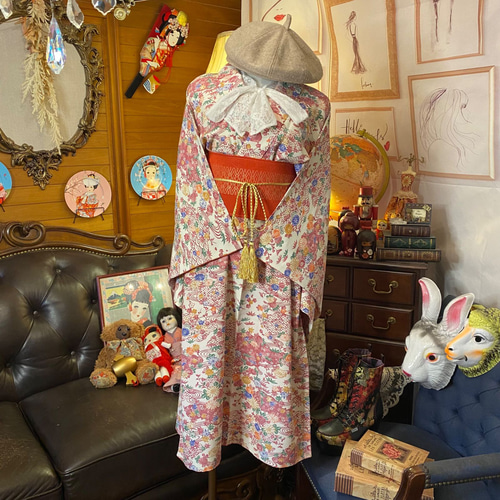 和洋折衷 着物 リメイク ロング丈 ワンピース ドレス 洗える 化繊 帯