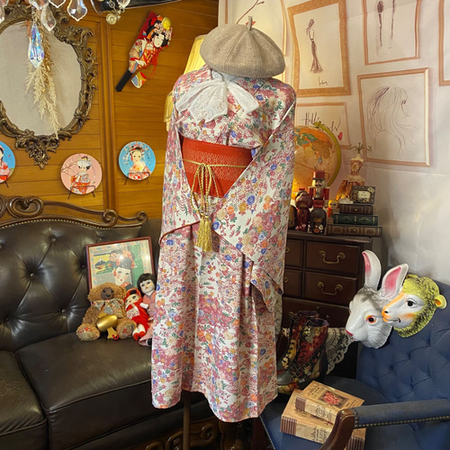 和洋折衷 着物 リメイク ロング丈 ワンピース ドレス 洗える 化繊 帯