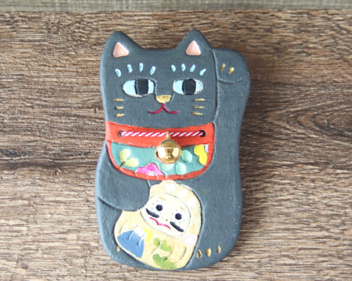 だるまを持った招き猫 ダークグレー壁飾り ウォールステッカー