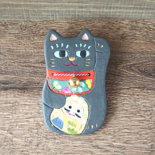 だるまを持った招き猫 ダークグレー壁飾り ウォールステッカー