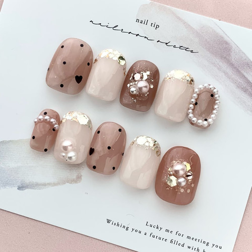 オーダーネイルチップ♡くすみブラウン淡色フレンチガーリー量産型韓国ベージュ茶色 オーダーネイルチップ♡秋冬くすみブラウン茶フレンチガーリー量産型