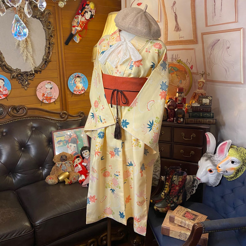 和洋折衷 着物 リメイク ワンピース ドレス 洗える 化繊 帯サッシュ