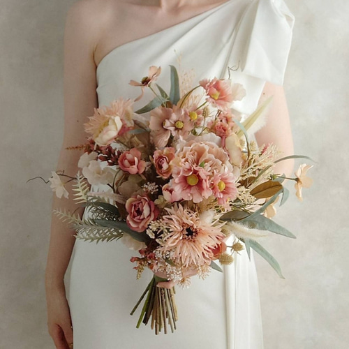 アーティフィシャルフラワー、ウェディングブーケ、造花、くすみピンク