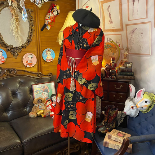 和洋折衷コーデ　セパレート浴衣　帯サッシュベルト　３点セット 和洋折衷 浴衣 リメイク ワンピース ドレス 帯サッシュベルト