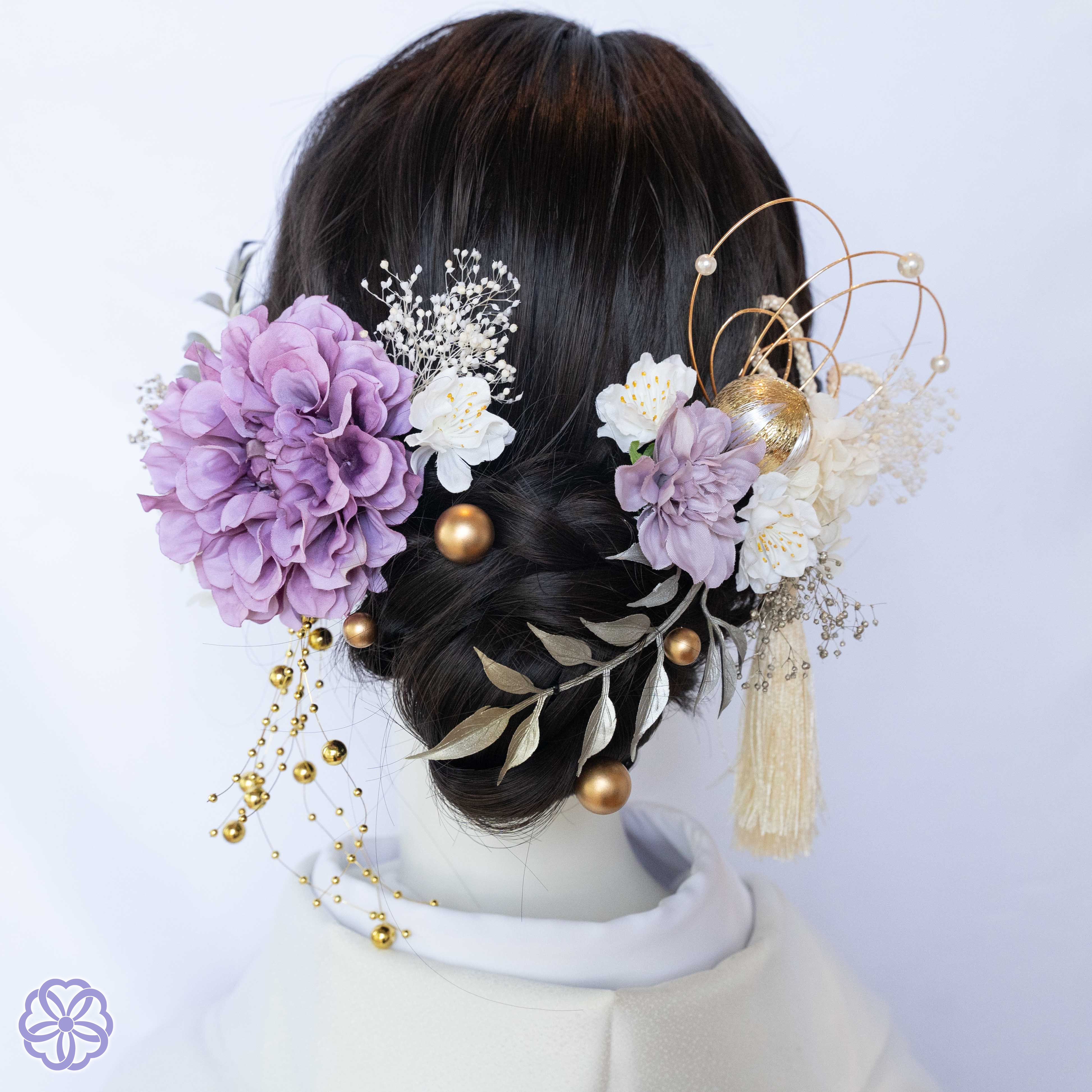 紫ダリアと枝垂れパールの髪飾り　No.PS31 成人式　卒業式　結婚式　成人式髪飾り　卒業式髪飾り　結婚式髪飾り