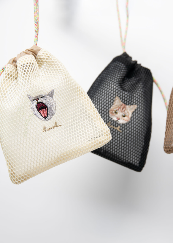 メッシュ巾着 刺繍 猫ちゃんたち 巾着バッグ honok（刺繍専門店） 通販