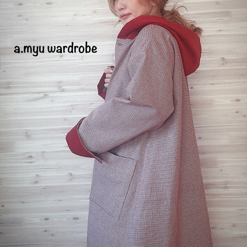 a.myu秋色ブリティッシュコーデュロイ異素材mix千鳥格子赤コート