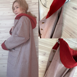 a.myu秋色ブリティッシュコーデュロイ異素材mix千鳥格子赤コート