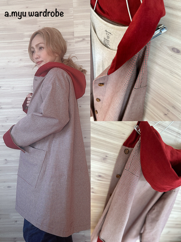 a.myu秋色ブリティッシュコーデュロイ異素材mix千鳥格子赤コート