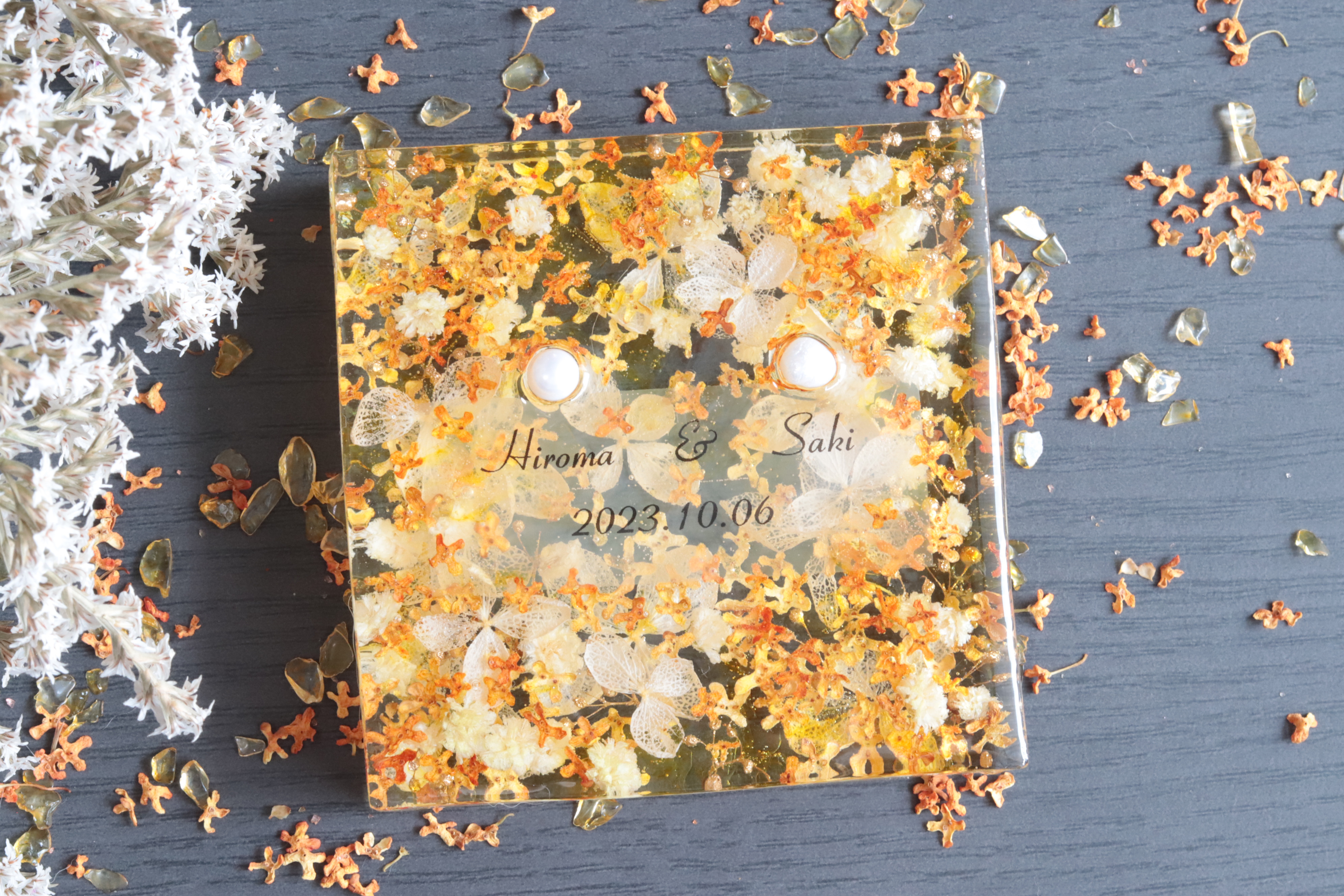 【お名前&日付彫刻】金木犀とシトリンのリングピロープレート＊誕生石に変更ＯＫ＊アクセサリートレー＊受注製作