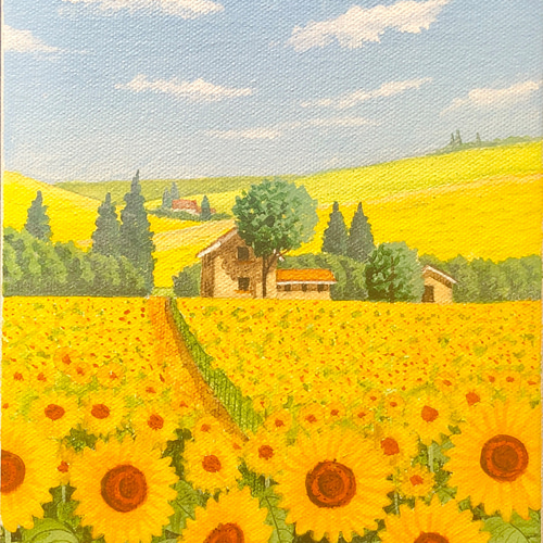 ひまわりの丘09」アクリル画 原画 額縁付 キャンバス SMサイズ 風景画