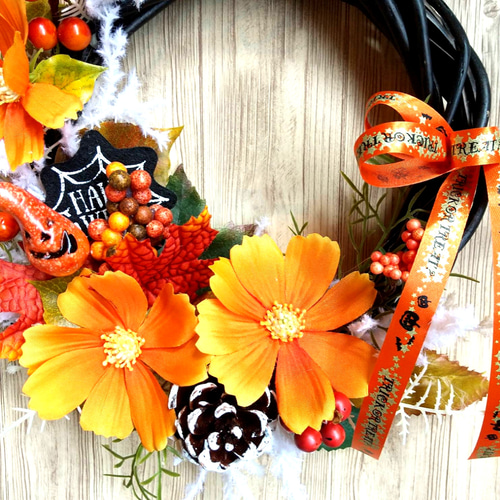 コスモスとベリーのハロウィンリース☆玄関リース☆造花 秋リース  