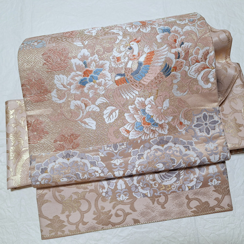 ワンタッチ帯 くらわん帯 正絹袋帯リメイク くすみ桜色鳳凰更紗文様 