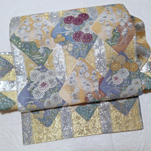 ワンタッチ帯 くらわん帯 正絹袋帯リメイク 菱縞花文様 作り帯 和装  