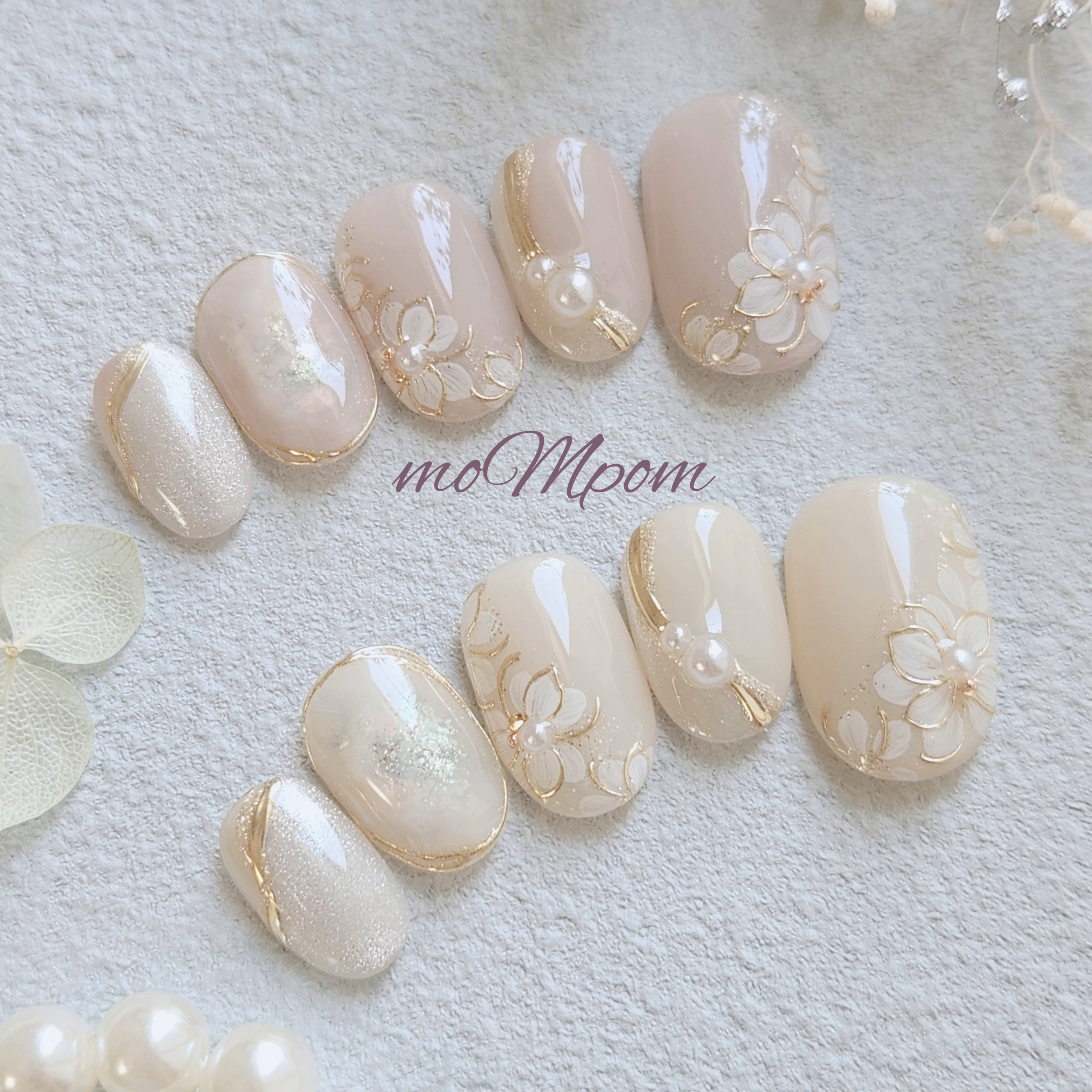 ネイルチップ　お花　フラワー　前撮り　結婚式　花嫁　ウェディング　お呼ばれ　上品　ベージュ　ピンク　ブライダル 4,810円