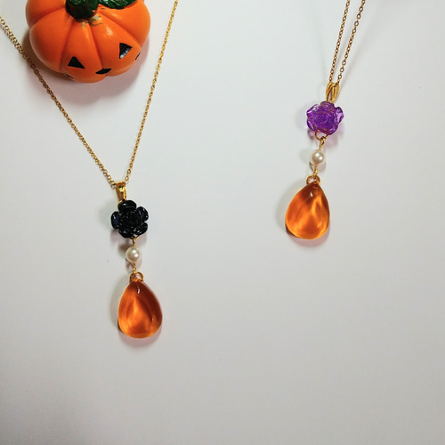 再販:ハロウィン】カボチャ色(しずくレジン)のネックレス