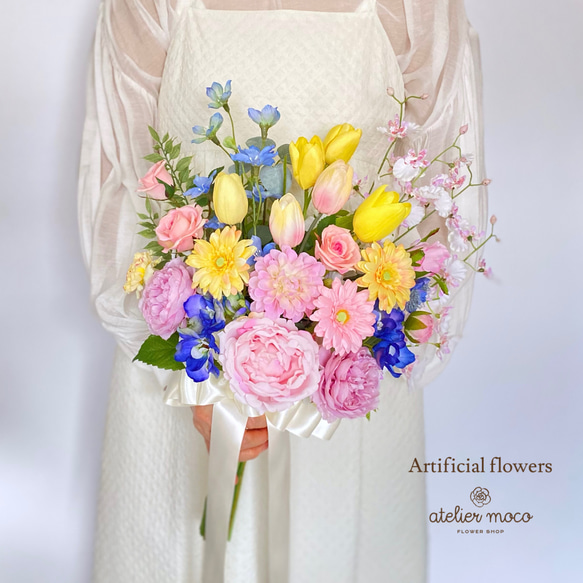 再販　イエロー　ホワイト　ピーチ　チューリップ　ウェディングブーケ　造花　結婚式 ブライダル ウエディングブーケ チューリップ ウェディング 造花 前