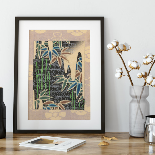 日本画　和　置物　絵　アンティーク　レトロ 竹と流水の日本画インテリアポスター☆お正月風流和室和モダン浮世絵和