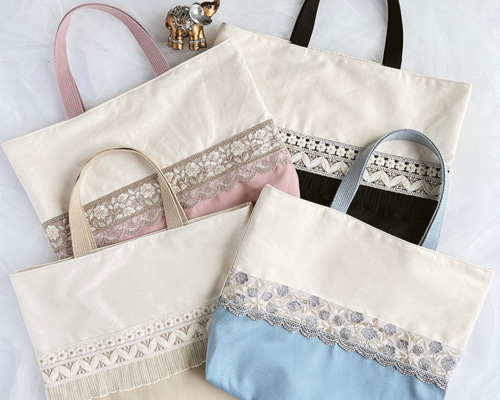ルト！リボン刺繍ネイビーフリルレッスンバッグ+上履き袋　ハンドメイド ルト！リボン刺繍ネイビーフリルレッスンバッグ+上履き袋