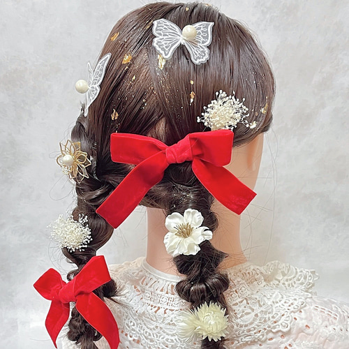 蝶々とリボンのツインテール髪飾り ホワイトレッド 成人式 髪