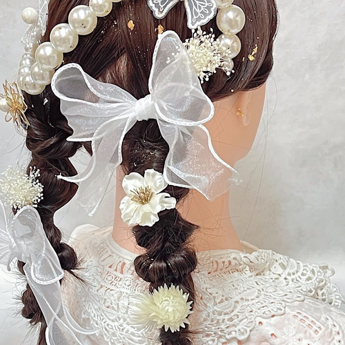 蝶々とリボンのツインテール髪飾り ホワイトゴールド ランダムパール