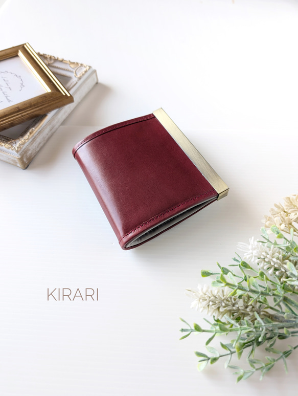 お札が折らずに入るミニ財布◆ホルスタイン柄ハラコ本革×ボルドー本革◆コンパクト 二つ折りレザー財布  直線口金 こっくり 4枚目の画像