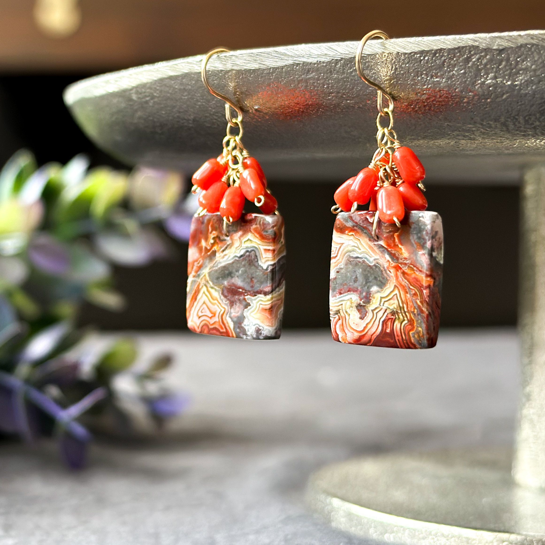 14kgf*秋色*クレイジーレースアゲートとサルディーニャ産天然赤珊瑚のピアス／イヤリング*1点もの