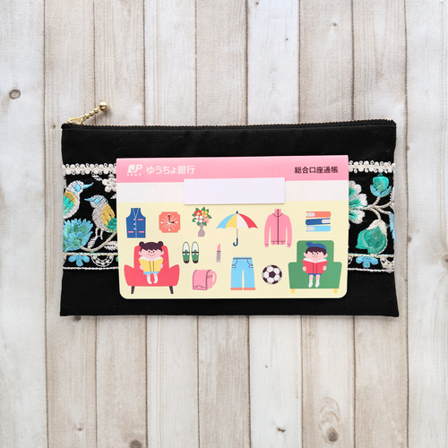 インド刺繍リボン フラットポーチ フェイクレザー カラビナ付き