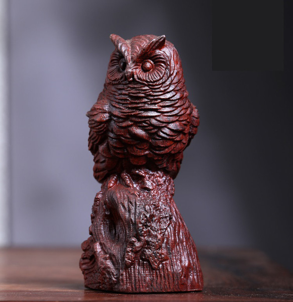 送料無料コレクター放出品天然素材フクロウ置物神代木にフクロウ箱付