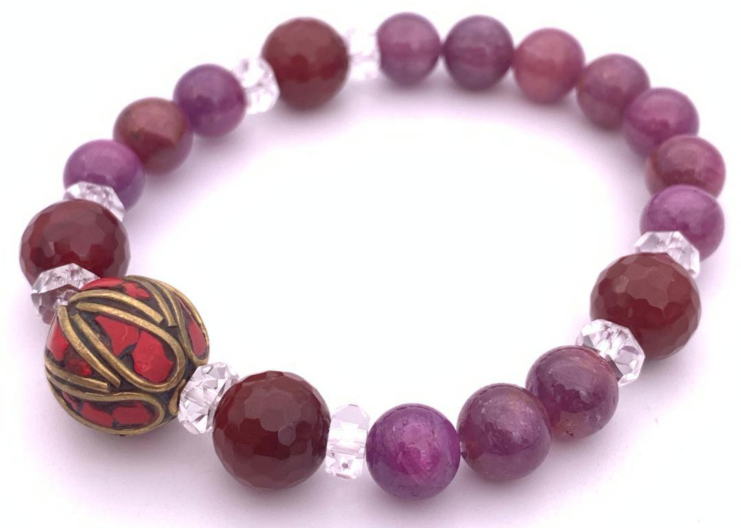 天然石ルビー＆赤メノウ&サンゴアンティーク風ビーズのブレスレット 5,772円