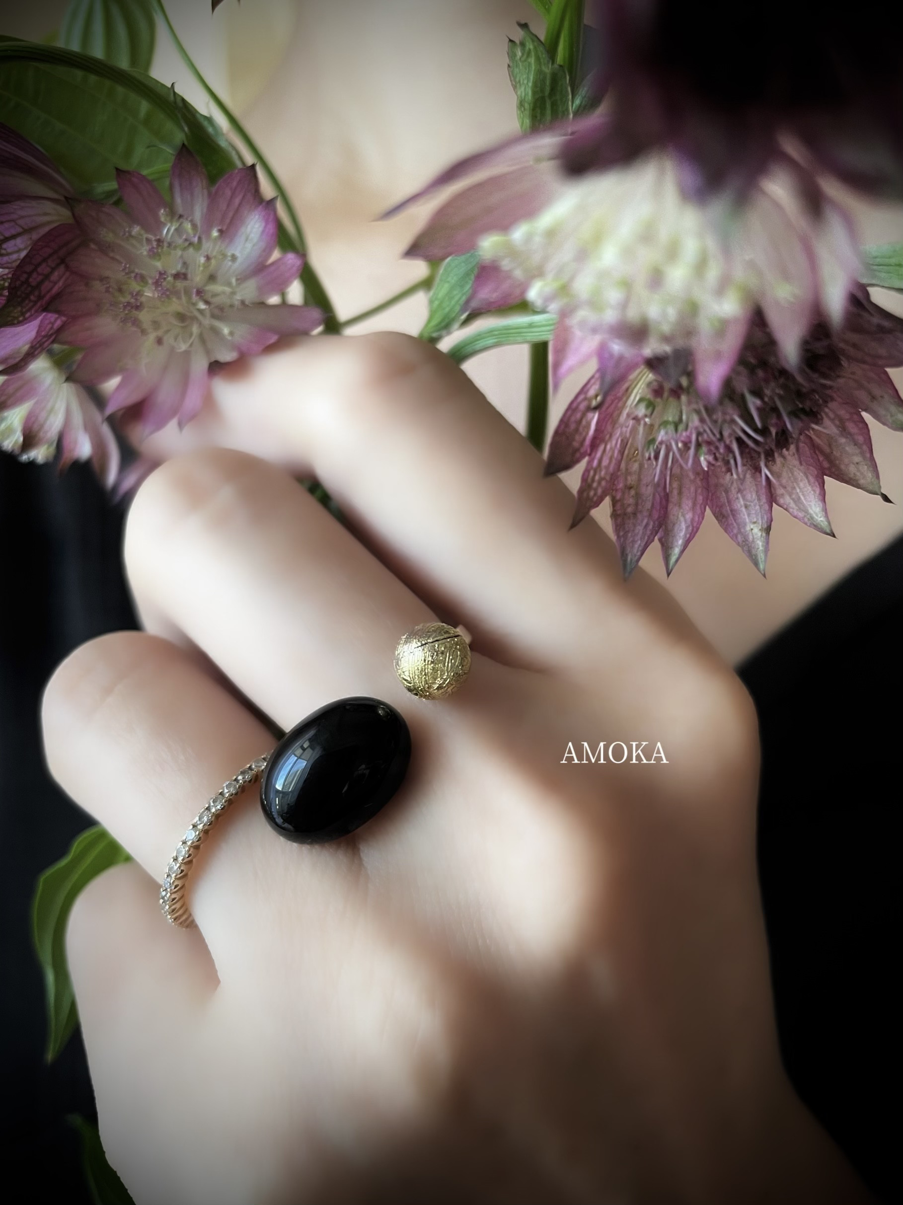 希少【宇宙の叡智】メテオライト×ブラックオニキス　私だけの天然石フォークリング　フリーサイズ