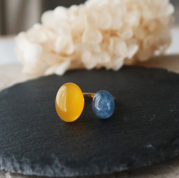 天然石イエローカルセドニーとカイヤナイトのフォークリング　金アレ対応 5枚目の画像