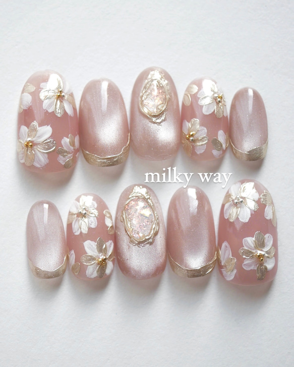 No.71 ピンクブラウン×ミラーフラワー オーダーネイルチップ 成人式  