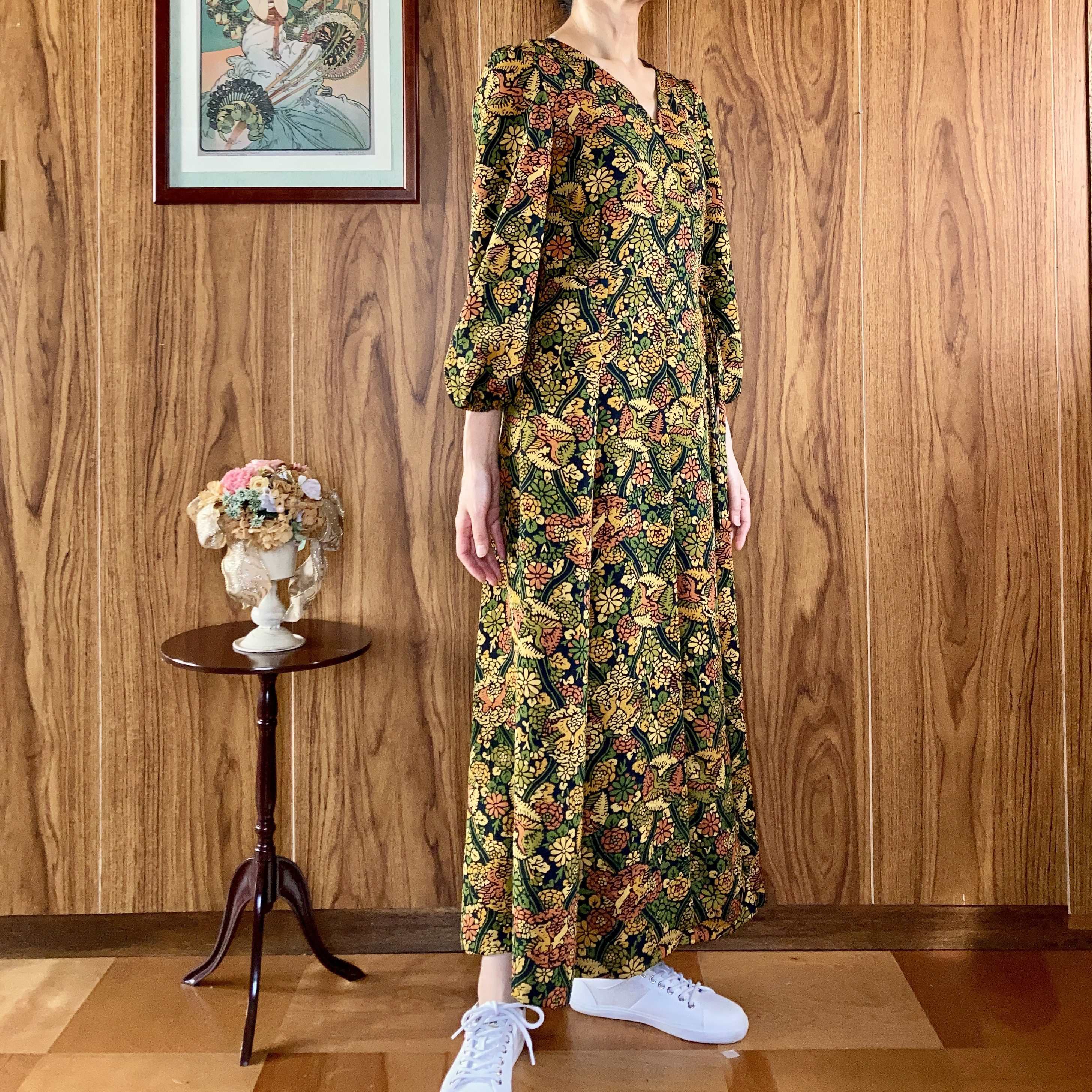 カシュクールシルクワンピース ロングコート 鳥 正絹着物