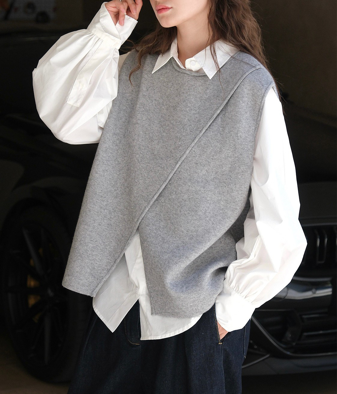 レディースカジュアルベスト、オシャレめ、可愛いベスト、ゆったりタイプ