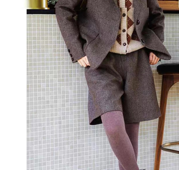 おしゃれ度アップ　ウール混ショートパンツ　ヘリンボーン柄　ポケット付き【春秋】ブラウン系 1枚目の画像