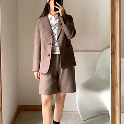 おしゃれ度アップ　ウール混ショートパンツ　ヘリンボーン柄　ポケット付き【春秋】ブラウン系 3枚目の画像