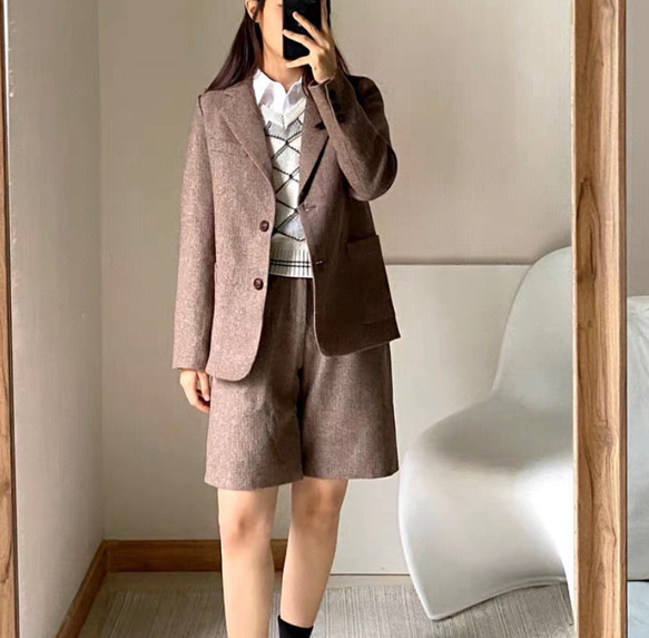 おしゃれ度アップ　ウール混ショートパンツ　ヘリンボーン柄　ポケット付き【春秋】ブラウン系 3枚目の画像