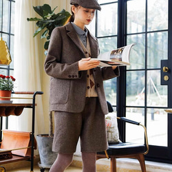 おしゃれ度アップ　ウール混ショートパンツ　ヘリンボーン柄　ポケット付き【春秋】ブラウン系 2枚目の画像