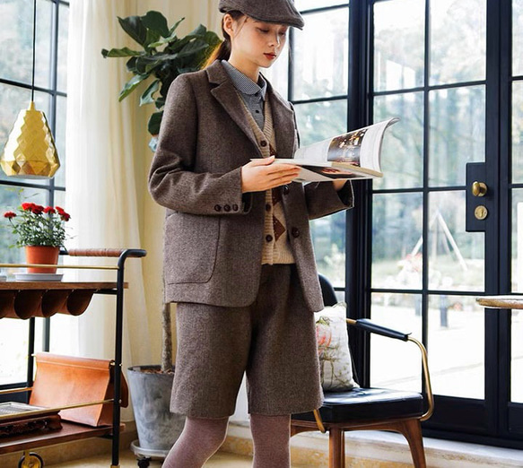 おしゃれ度アップ　ウール混ショートパンツ　ヘリンボーン柄　ポケット付き【春秋】ブラウン系 2枚目の画像