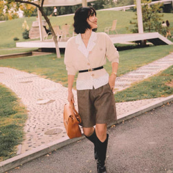 おしゃれ度アップ　ウール混ショートパンツ　ヘリンボーン柄　ポケット付き【春秋】ブラウン系 11枚目の画像