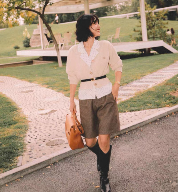 おしゃれ度アップ　ウール混ショートパンツ　ヘリンボーン柄　ポケット付き【春秋】ブラウン系 11枚目の画像