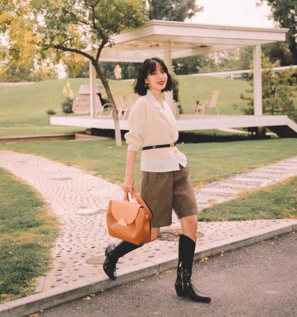 おしゃれ度アップ　ウール混ショートパンツ　ヘリンボーン柄　ポケット付き【春秋】ブラウン系 10枚目の画像