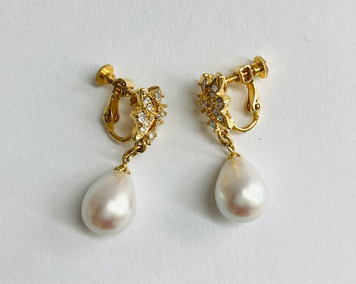 樹脂ドロップパール+ビジューイヤリング/エクリュクリーム/G/made in