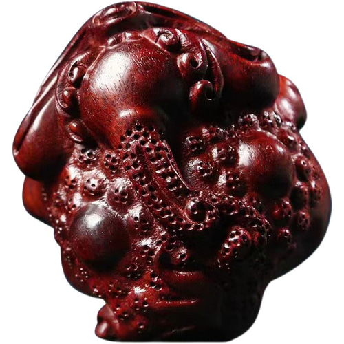 天然紫檀木 木彫りの三足金蟾 キモカワ 財を招く マスコット 茶道置物