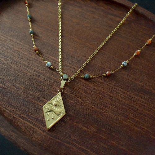 Creema限定】天体チャームと天然石ビーズのネックレス2点セット