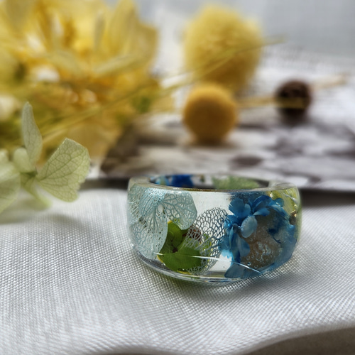 ボタニカル レジンリング ドライフラワー ブルーグリーン ハーバー