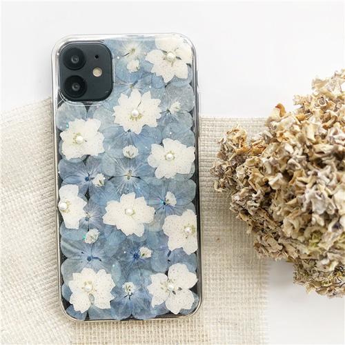 紫陽花ケース iPhone16e/17Pro/17/17ProMax/GalaxyS25 押し花ケース